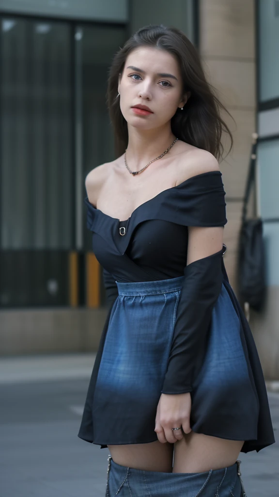 realistic:1.4,masterpiece:1.2, best quality:1.2,looking at viewer,dramatic angle, dramatic pose,1girl,black dress,jewelry,showing right shoulder, denim,