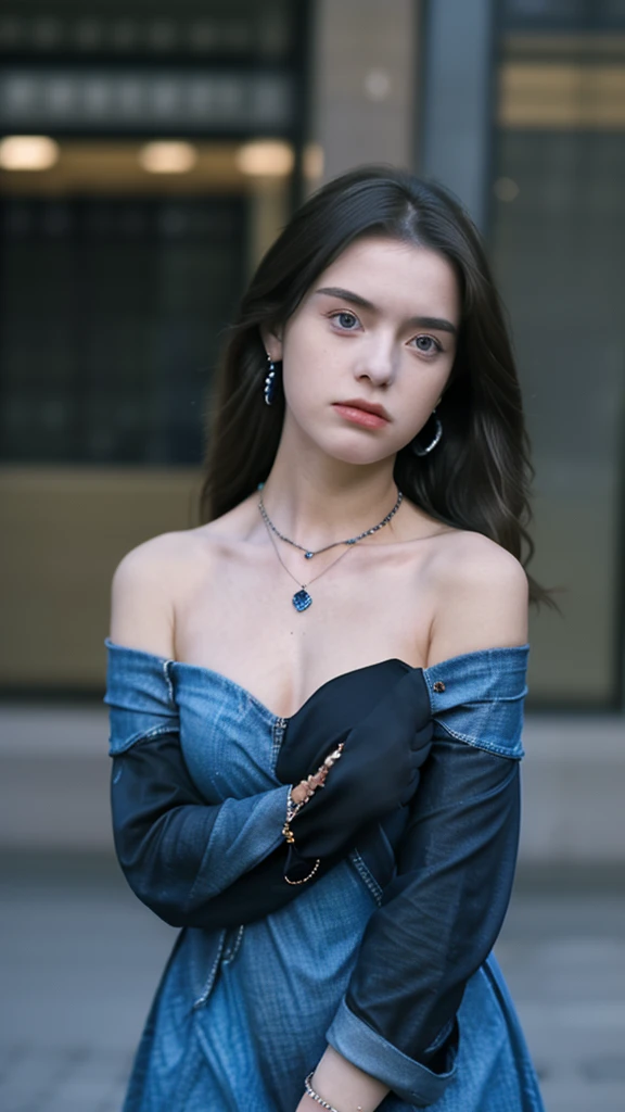 realistic:1.4,masterpiece:1.2, best quality:1.2,looking at viewer,dramatic angle, dramatic pose,1girl,black dress,jewelry,showing right shoulder, denim,