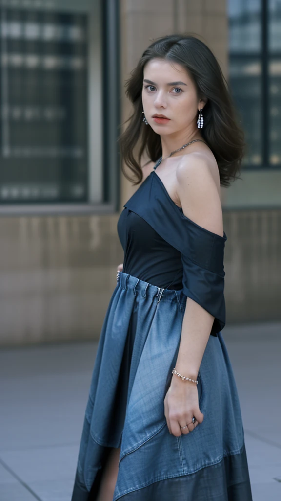 realistic:1.4,masterpiece:1.2, best quality:1.2,looking at viewer,dramatic angle, dramatic pose,1girl,black dress,jewelry,showing right shoulder, denim,