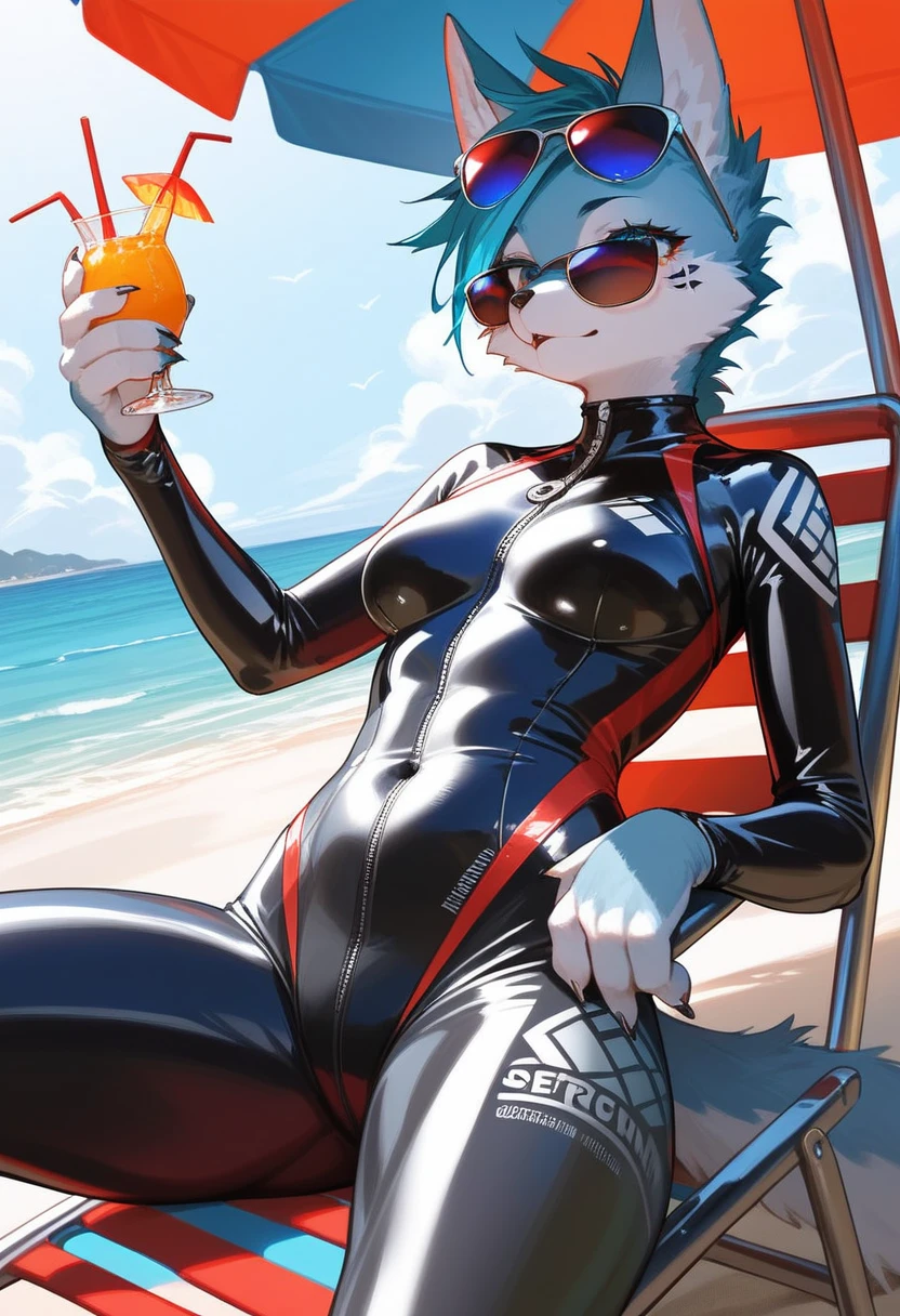 Highest quality, Highest quality, High quality illustrations, masterpiece, Ultra-high resolution, Detailed Background, beach, Absurd, Perfect Anatomy, performance, Good lighting, Shadows in the movies(kemono, Furry Personifi猫ion), latex, neon, neonカラー, cyber punk, Wetsuits, sunglasses, Tattoo, Lie on a beach chair, Dynamic Angle