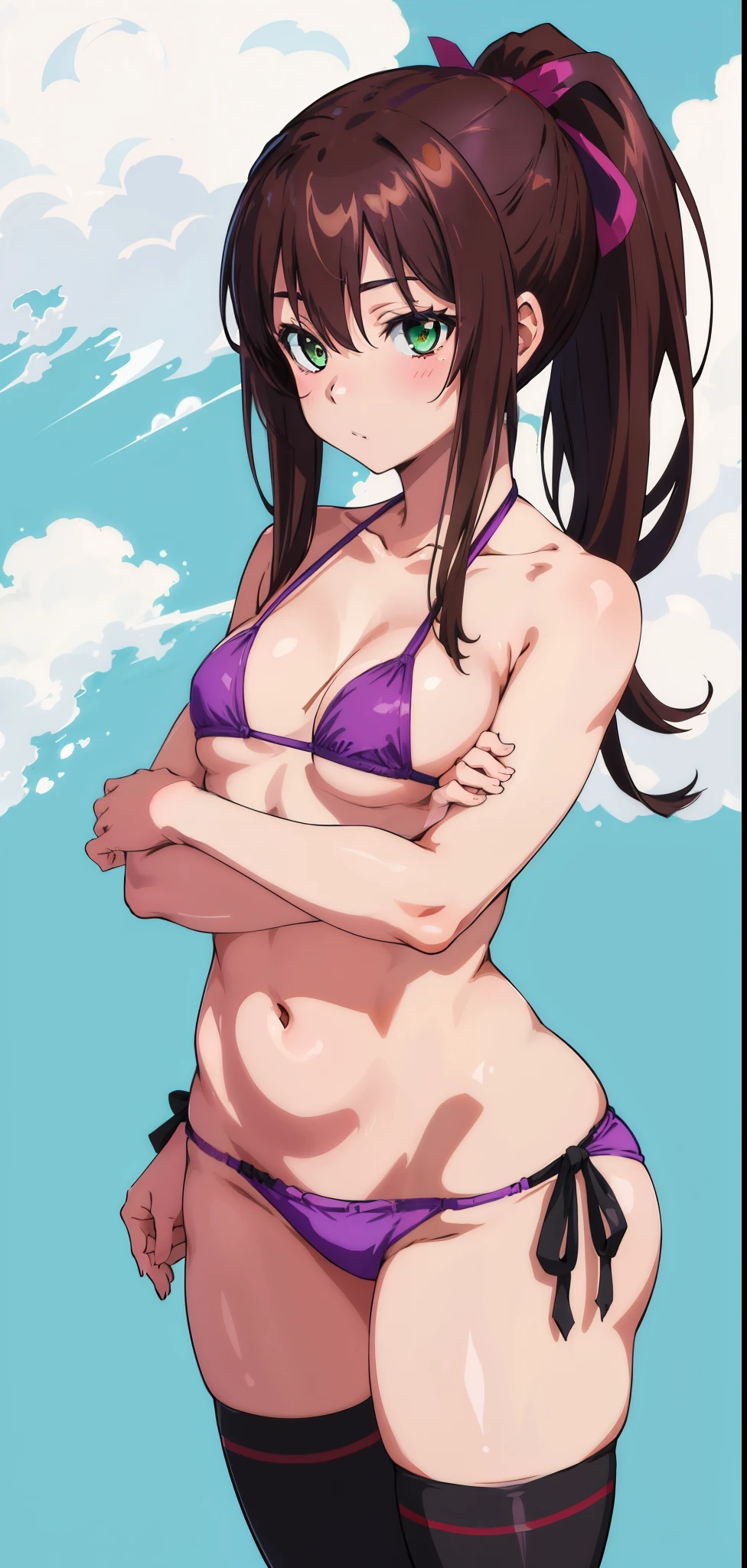 masterpiece, best quality,1girl,solo,kirasaka sayaka,brown hair,long hair,ponytail, hair ribbon, green eyes,,purple thighhighs, wariza, (bikini). 