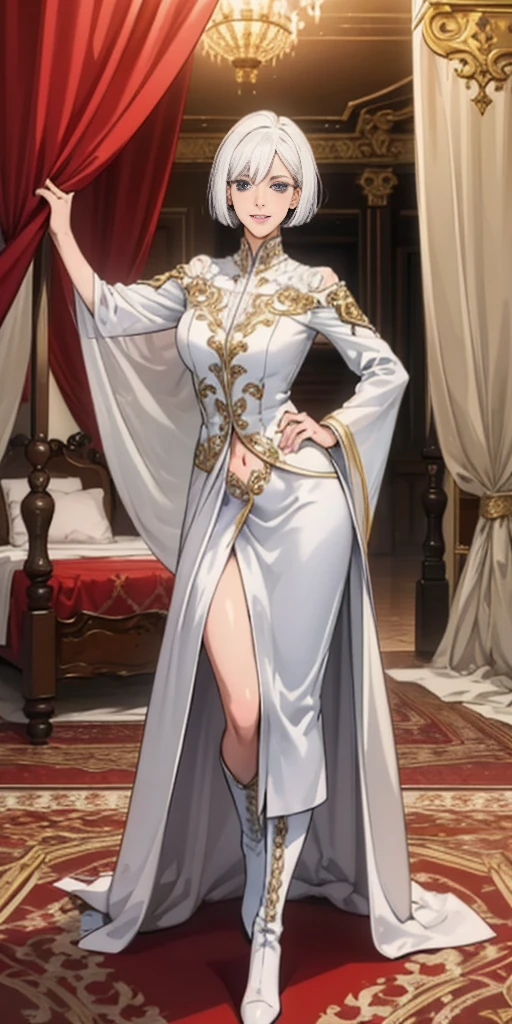 Setting: Royal bedroom - Grand, opulent, with rich fabrics and tapestries Character: Appearance: White hair - Short, styled in a sharp bob Full figure - Curvaceous Attire: High boots - Leather, reaching up the calves Elegant outfit - Befitting the royal setting (consider a dress, gown, or ensemble) Red tattoo - Delicate design on the navel Face - A confident smirk plays on her lips, eyes sparkling with amusement Pose: Full body - Standing tall Hands - Resting on hips in a commanding posture Additional details: (add to the background a four-poster bed, a plush rug, ornate furniture)