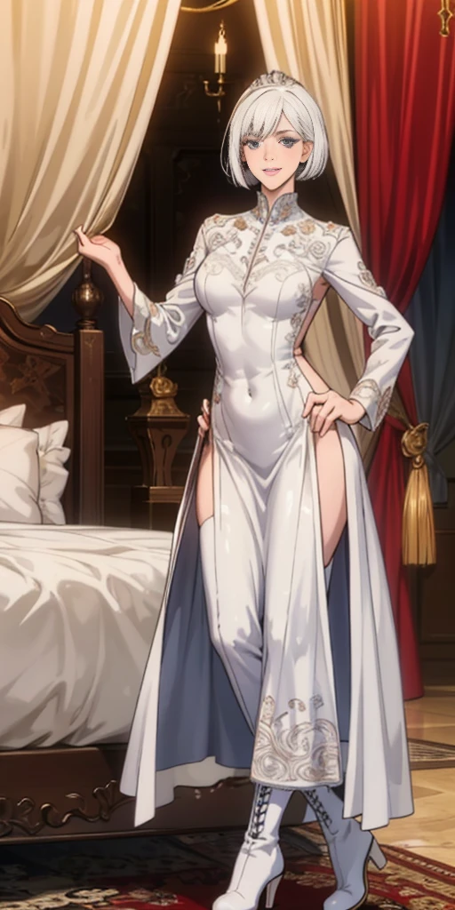 Setting: Royal bedroom - Grand, opulent, with rich fabrics and tapestries Character: Appearance: White hair - Short, styled in a sharp bob Full figure - Curvaceous Attire: High boots - Leather, reaching up the calves Elegant outfit - Befitting the royal setting (consider a dress, gown, or ensemble) Red tattoo - Delicate design on the navel Face - A confident smirk plays on her lips, eyes sparkling with amusement Pose: Full body - Standing tall Hands - Resting on hips in a commanding posture Additional details: (add to the background a four-poster bed, a plush rug, ornate furniture)