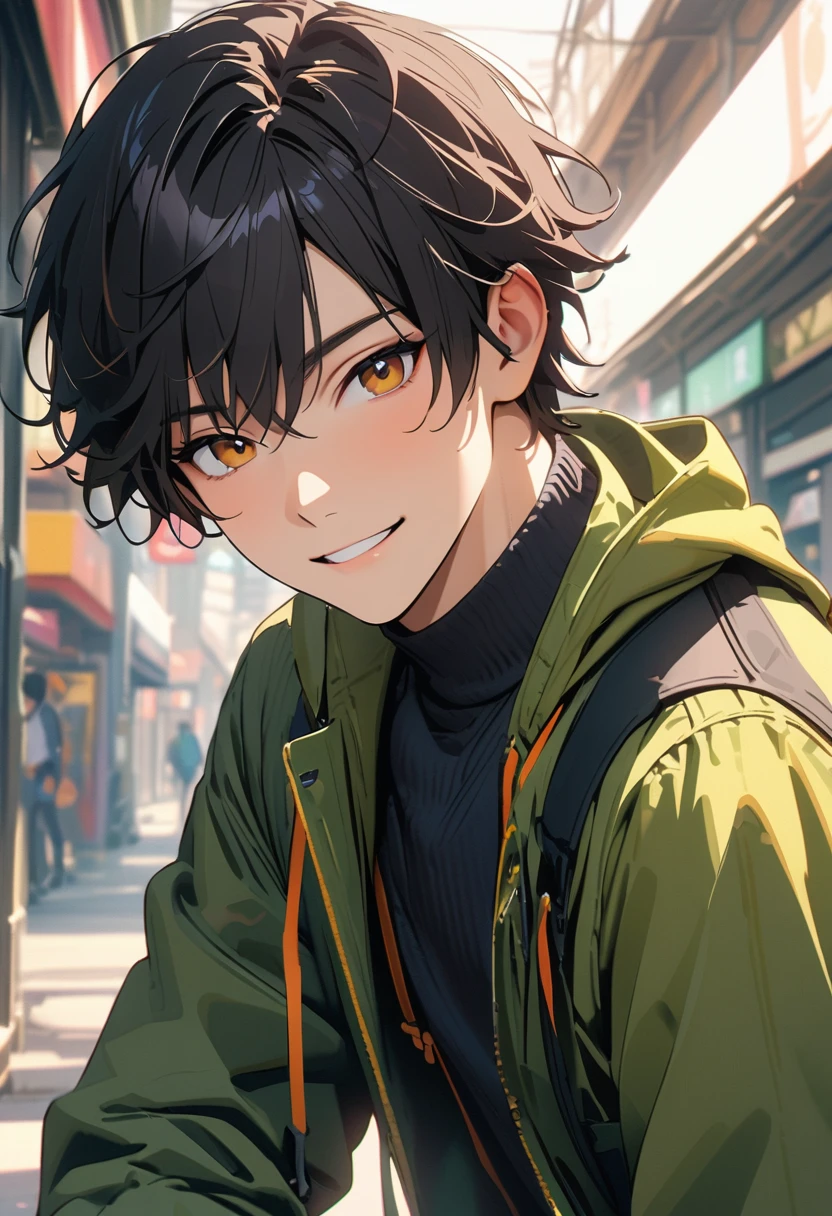 20 years old , modern, Verism, masterpiece, textured skin, super detail, best quality, 4K ,  A handsome man, black hair, short hair, light smile, happy