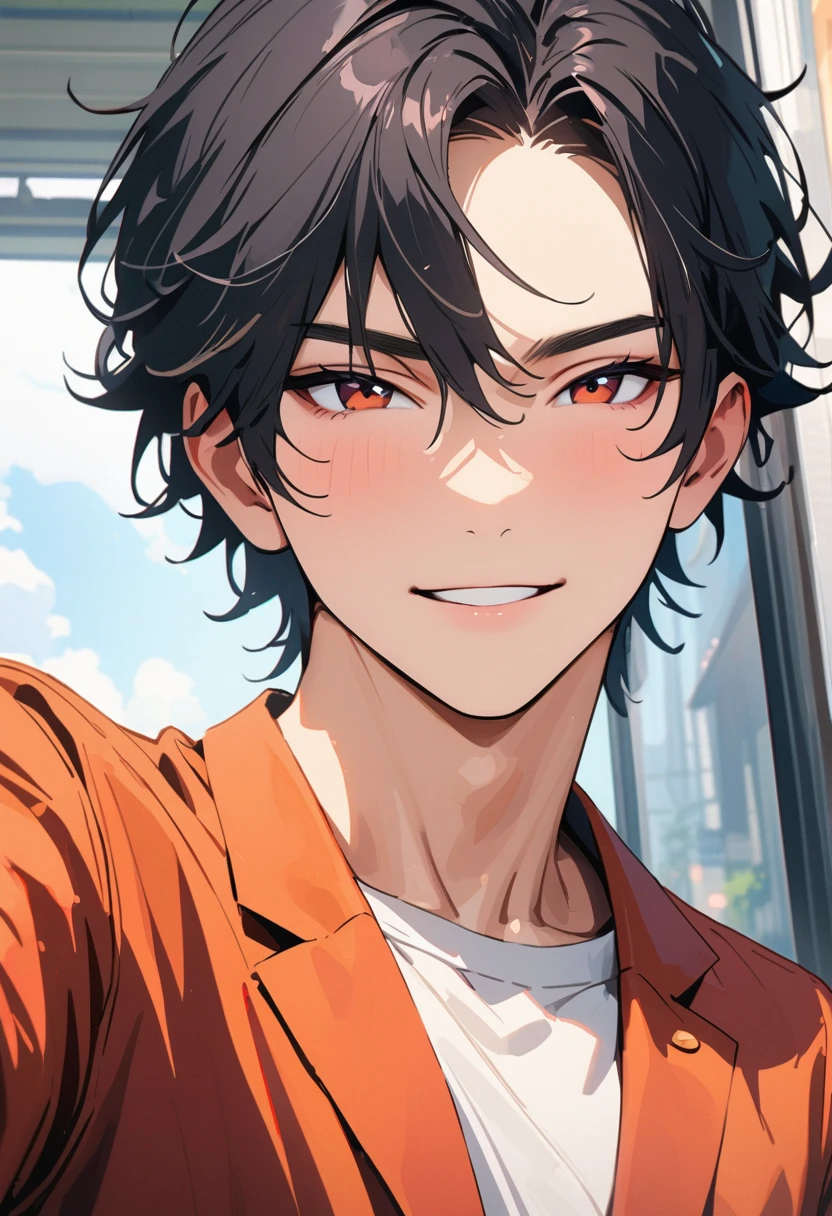 20 years old , modern, Verism, masterpiece, textured skin, super detail, best quality, 4K , A handsome man, black hair, short hair, light smile, happy