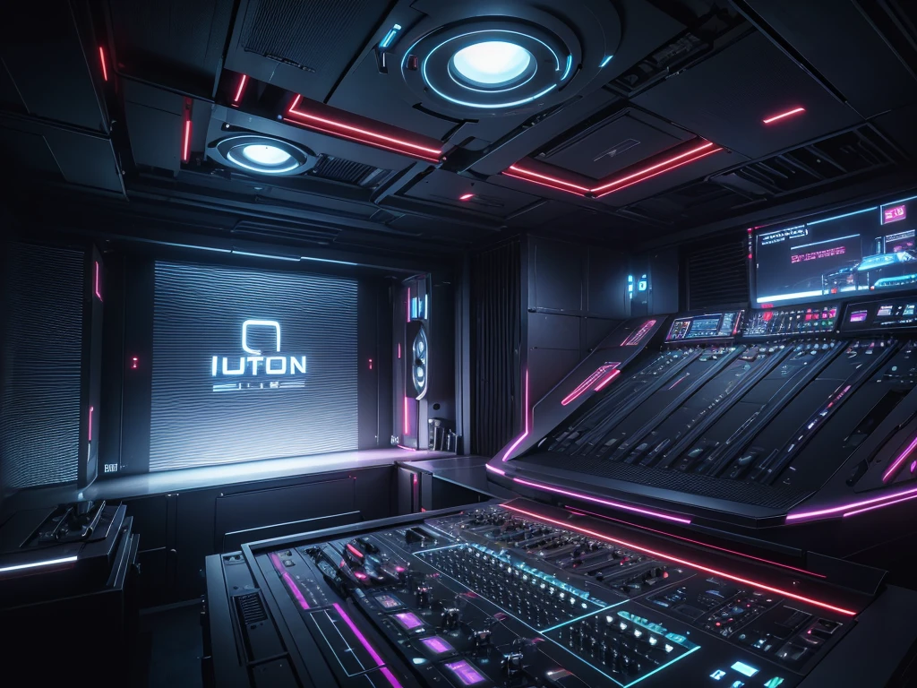 a 3d futuristic music studio, highly detailed, ultra-detailed, cinematic lighting, glossy surfaces, neon accents, advanced audio equipment, electronic synthesizers, mixing consoles, sound waves, volumetric fog, dynamic camera angles, metallic textures, depth of field, photorealistic, 8k, best quality