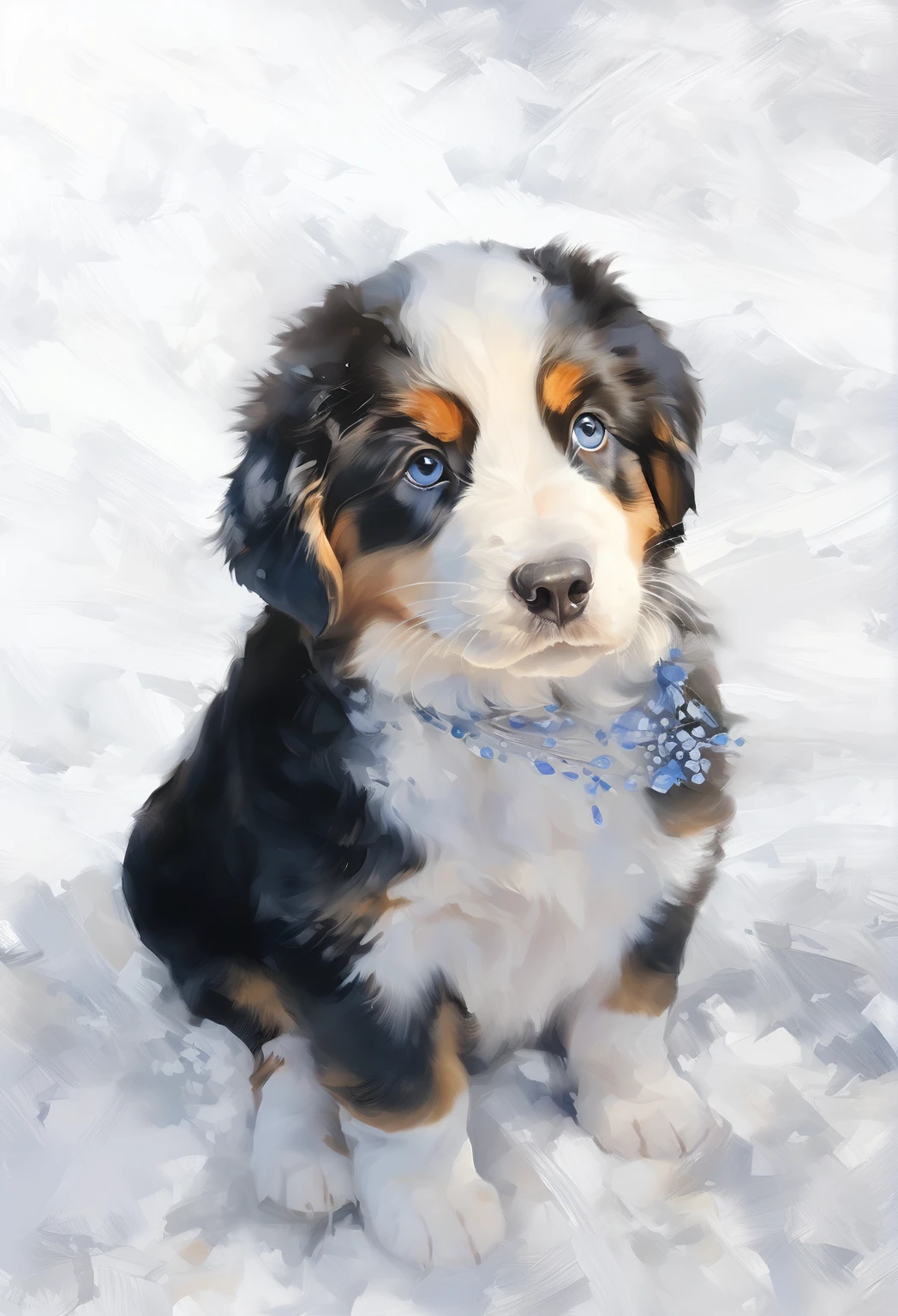 (very beautiful elaborate oil and watercolor painting), Bernese Mountain puppy Dog  looking straight, composition, sweet, realistic and shiny eyes, gentle facial expression ,quality\(8k, wallpaper of extremely detailed CG unit, masterpiece, high resolution, top-quality, top-quality real texture skin, hyper-realistic, increase the resolution, RAW photos, best quality, highly detailed )
