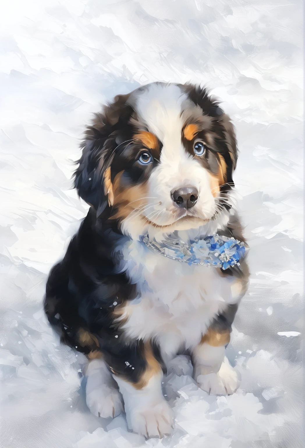 (very beautiful elaborate oil and watercolor painting), Bernese Mountain puppy Dog  looking straight, composition, sweet, realistic and shiny eyes, gentle facial expression ,quality\(8k, wallpaper of extremely detailed CG unit, masterpiece, high resolution, top-quality, top-quality real texture skin, hyper-realistic, increase the resolution, RAW photos, best quality, highly detailed )
