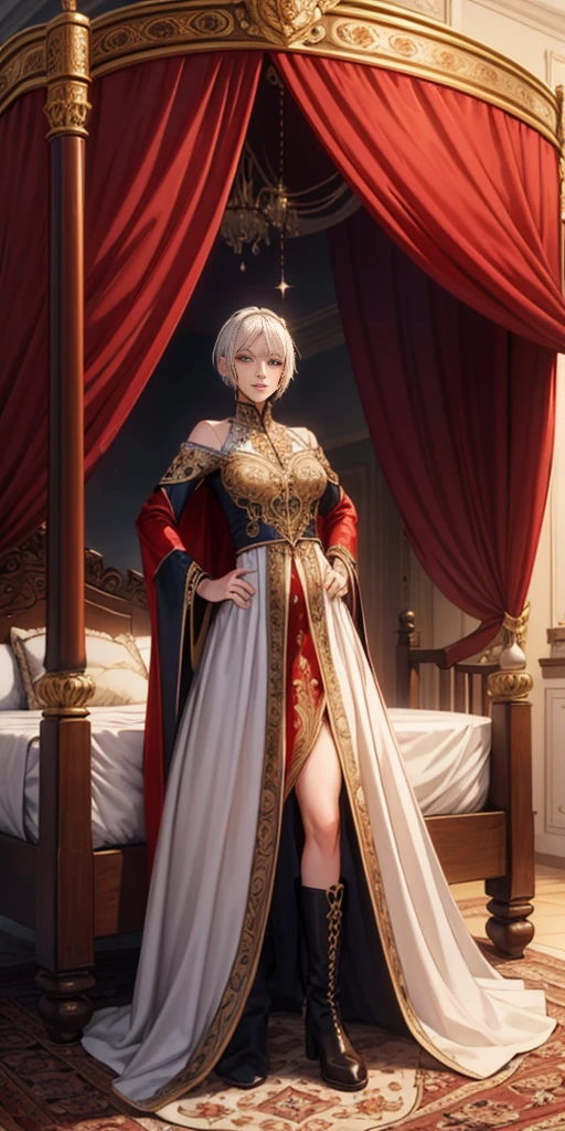 Setting: Royal bedroom - Grand, opulent, with rich fabrics and tapestries Character: Appearance: White hair - Short, styled in a sharp bob Full figure - Curvaceous Attire: High boots - Leather, reaching up the calves Elegant outfit - Befitting the royal setting (consider a dress, gown, or ensemble) Red tattoo - Delicate design on the navel Face - A confident smirk plays on her lips, eyes sparkling with amusement Pose: Full body - Standing tall Hands - Resting on hips in a commanding posture Additional details: (add to the background a four-poster bed, a plush rug, ornate furniture)