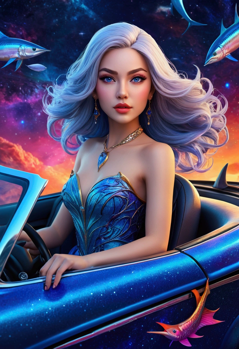 a beautiful female wizard, detailed face with stunning eyes, long lashes, elegant lips, driving a magical tiny convertible car shaped like a blue marlin, galaxies, swordfish, surrounded by swirling magic, bright vibrant colors, vivid fantasy landscape, intricate details, cinematic lighting, chibi, 8K, highly detailed, masterpiece, fantasy art