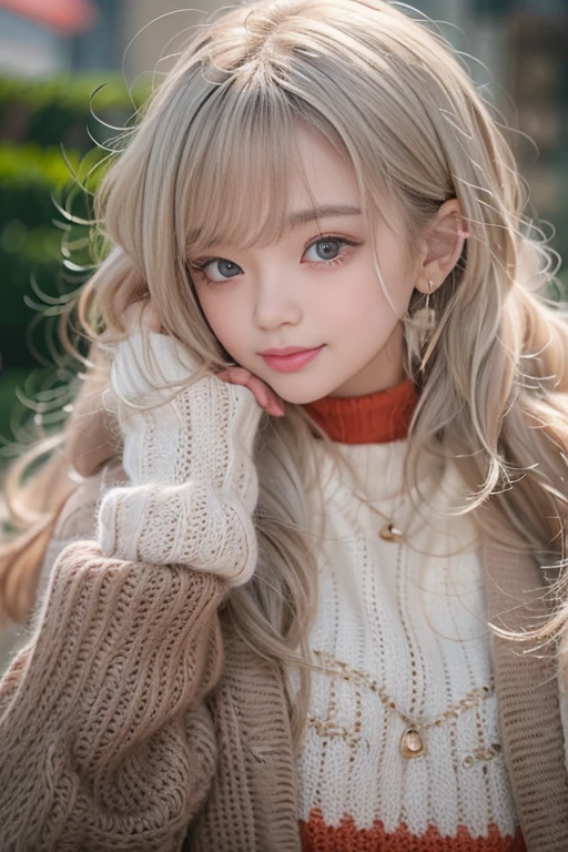 Sit on a chair、(Face close-up:1.8)、((Crafty Pose)),(RAW shooting), ３５Year、((High neck red knit sweater))、White scarf around the neck、Long thin earrings、Round eyes、Put your cheek to your ear、correct、make、smile、Biting the lower lip、Soft lips、誘惑的なsmile、Shine、Dark lipstick、Cheek above nose、(autumn leaves)、((Watery eye))、Asymmetrical hair、Real Skin、Blonde、Very realistic,Gray Hair、Messy Hair、Hair behind the ear、Floating Hair、short hair、Boyish Hair、Blunt bangs、Cast a Shadow、Hyperrealism、modern art、Shine、reflected light、Ultra Wide Angle、16K、Very detailed、最high quality、超High resolution、Anatomically correct、Awards、最high quality、Ultra high definition、high quality、High resolution、Textured skin、correct、masterpiece、((Cold Pose：1))、(((Shoot from different distances and angles:1.5)))、Extreme close up of face
