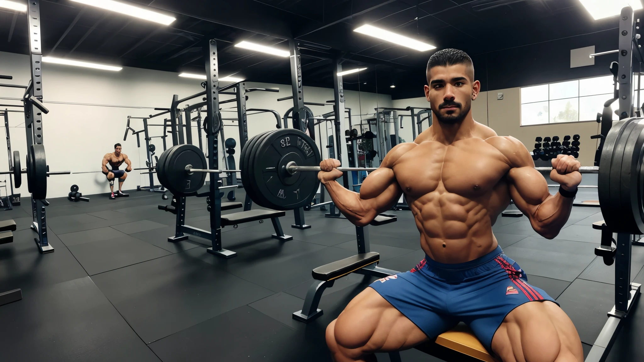Eduardo training intensely at a weight training gym called skyfit, focused, sitting on the bench after high-load repetitions. Eduardo is preparing for the Mr event. Olympia 2024, which will be in October and says he will be top 1 champion in the classic physique category.