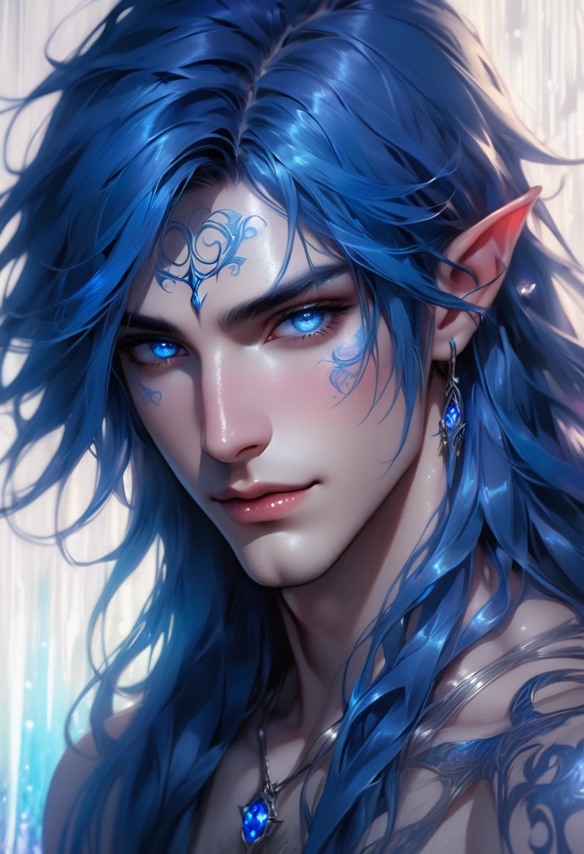 full ariel view of a ethereal demonic 25 year old anime guy male druid, with metallic foil print royal blue long hair, moist wet glistening lips, delicate masterpieceintimate delicate etched glowing rune tattoos, winking, beautiful gorgeous elf ((male)) kissyface, perfect face, blue/black pastel eyes, long royal blue wisp hair, freckles, piercings, foil print neonbody art, laboratory experiment, perfect anatomy, centered, almost perfect, dynamic, very detailed, glowing, artstation, concept art, soft and sharp focus, art by Carne Griffiths and Wadim Kashin, high-definition accent lighting, epic, elven atmosphere, contrasted with vibrant paint colors., futuristic cyborg in the year 2950,