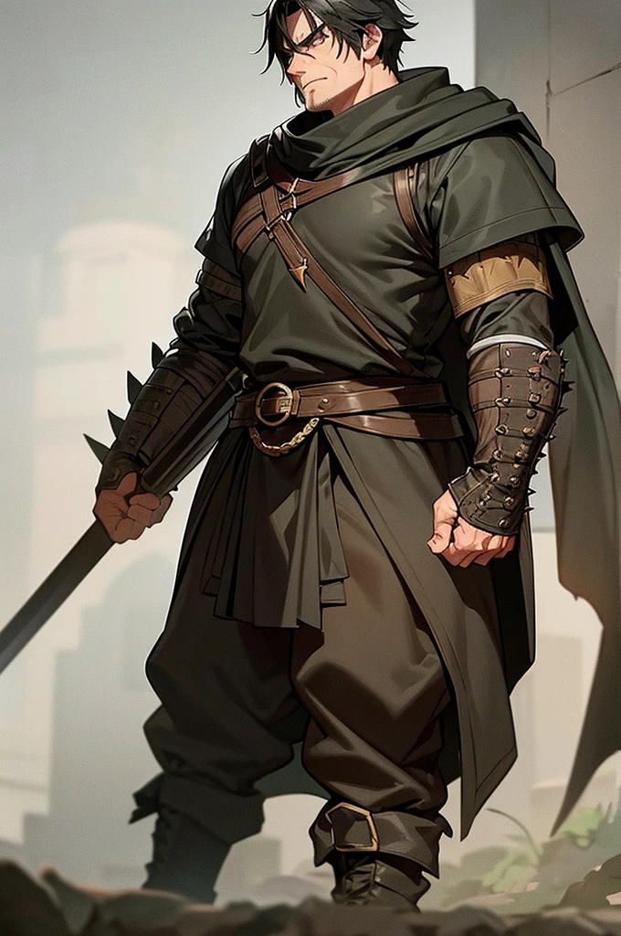Content: A tall, tan-skinned man with a muscular frame stands confidently in a black medieval-inspired military outfit. His short, spiky black hair complements his striking green eyes, which are filled with intensity. Scars mark his face, adding to his rugged and battle-hardened appearance. He wears black leather combat boots that enhance his imposing presence. His stance is firm and authoritative, exuding strength and determination.

Medium: Digital art, character illustration.

Style: Inspired by medieval-themed anime and video games, with a focus on realistic yet stylized details. The art style captures the essence of a seasoned soldier, combining elements of anime character design with a gritty, realistic touch set in a historical context.

Lighting: Dramatic lighting with strong contrasts to highlight the man’s muscular frame and the details of his medieval-inspired outfit. Shadows play across his scars and facial features, emphasizing his rugged appearance.

Colours: A monochromatic palette dominated by shades of black and dark gray, with subtle highlights to bring out the textures of his outfit and the green of his eyes.

Composition: A full-body shot with a 50mm lens, focusing on the man’s imposing figure. The background is simple and dark, ensuring that the focus remains on his powerful presence and detailed design. The medieval theme is subtly integrated into the design of his clothing, suggesting a historical setting.