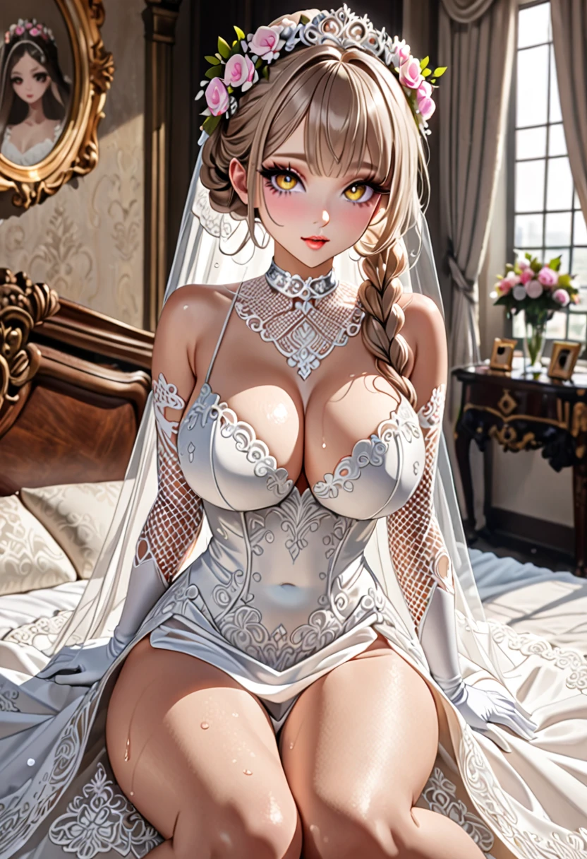 (((Highest quality, Ultra-high resolution、The most complex and detailed depiction)))、((masterpiece:1.3)), (8k, RAW Photos, Best image quality: 1.4), Very detailedな顔、Attention to detail、(Beautiful woman:1.4),(Realistic:1.4) (8k, RAW Photos,), (photo-Realistic:1.2), Very detailed, Beautiful attention to detail, (girl:1.3)、(((Bride in a silver wedding dress)))、Dark eyeliner、Eyelash length、False eyelashes、double eyelid、Brown eyes、Light fluorescent lip gloss, ((hostess:1.2))、(White wreath on head、Wedding Veil、Maria Bale))、Pink heart choker around the neck),(((open wedding dress)))、(((White Mesh Opera Gloves))),(Huge breasts:1.6),、(Cleavage:1.2)、(((Light brown hair、Braided hair、((Gather your hair at the back of your head,Put your hair up)))))、(Gal-style makeup、Dark eyeliner、Black eyeliner、Heavy eye makeup、Eyelash length、False eyelashes)、Big eyes、Large pupils、elongated nose、Heavy makeup、Face with gills、Spread your legs and face forward.、(((whole body)))、Spread your legs座る、Spread your legs、sexy、Glamorous Body、(Saggy breasts、Large saggy breasts)、((Sweat、Your body is wet))、(((Lie face up on the bed)),(Breastfeeding with your arms、Cover your crotch with your hands)、small