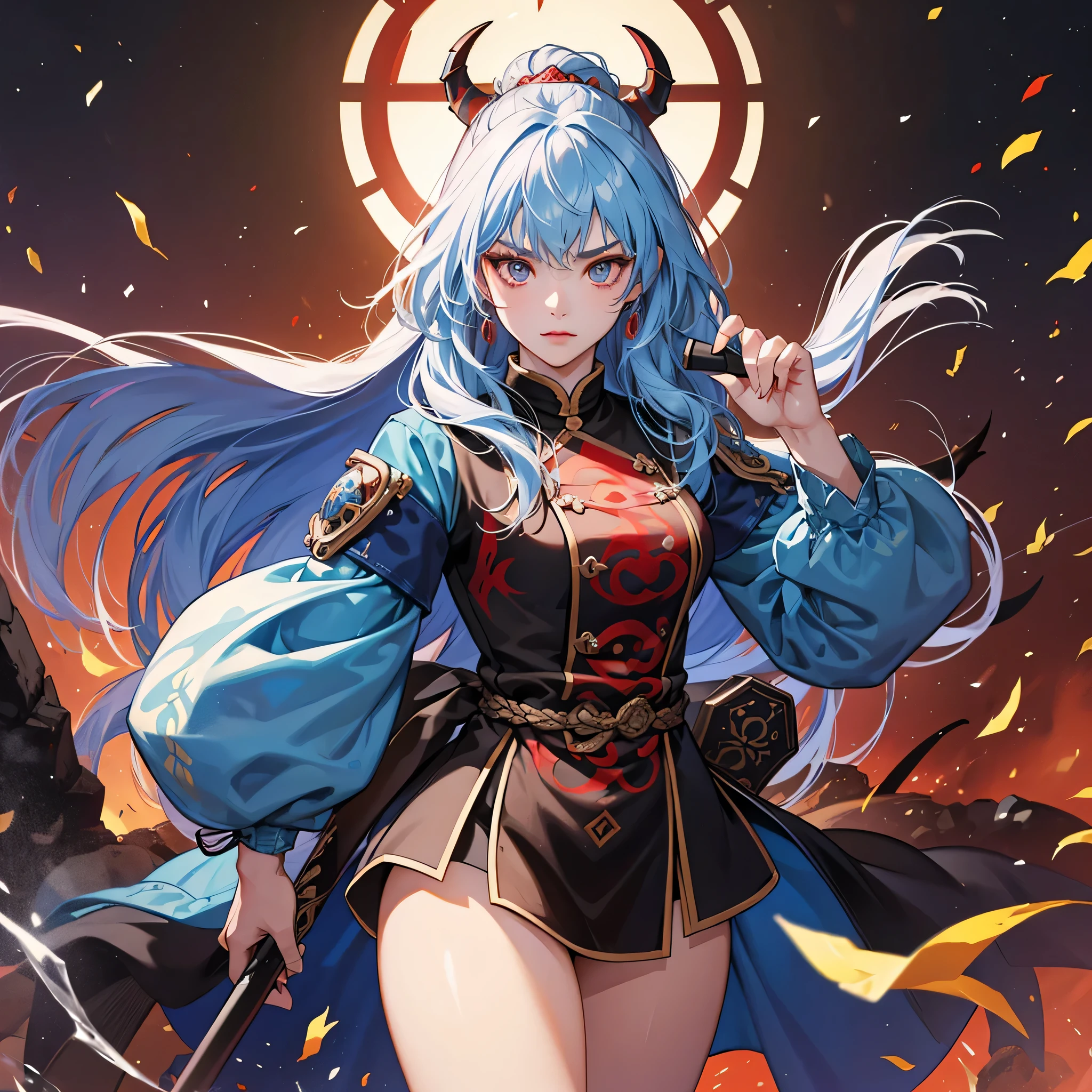1 beautiful genghis khan lady, tattoo , demon slayer, weapon, 8k, hd, unreal engine,