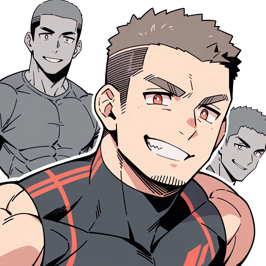 anime characters:Priapus, Muscle Sports Student, Buzz Cut, Manliness, male focus, Sports tight hooded sweatshirt, Wear a high-necked tights underneath, Very tight, full and perky chest muscles, muscular male, muscular, only, Upper body, alone, Red short hair, Thick eyebrows, stubble, Brown-red pupils, White background, simple background, amazing quality, best aesthetics, Ridiculous, crew cut, smirk, bright pupils, grin, negative space, negative space, best quality