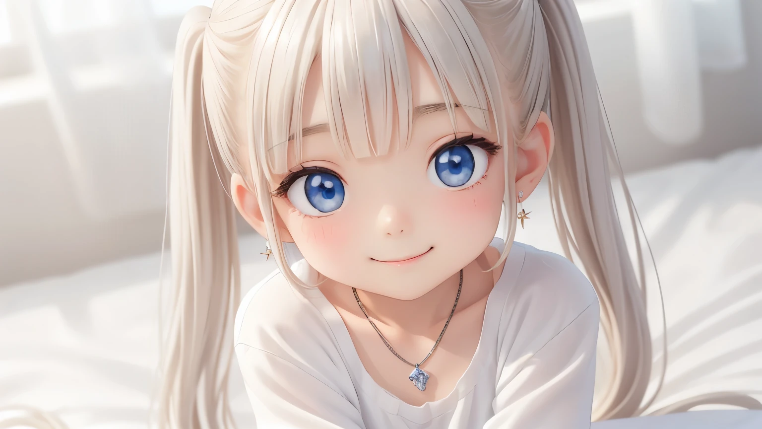 Earrings、necklace、Beautiful glowing white skin,、 bright, Refreshing and gentle look, Perfect beautiful pretty face, Shiny platinum blonde straight long hair reaching down to her waist, Beautiful shiny bangs, ((Very beautiful and beautiful4Year old girl)), eyeliner, so perfect and beautiful, Big clear sky blue eyes, bright eye highlights, Baby Face、Cute smile、Long eyelashes、Fluffy pajamas、Looking down on a young girl from above、Pigtails、