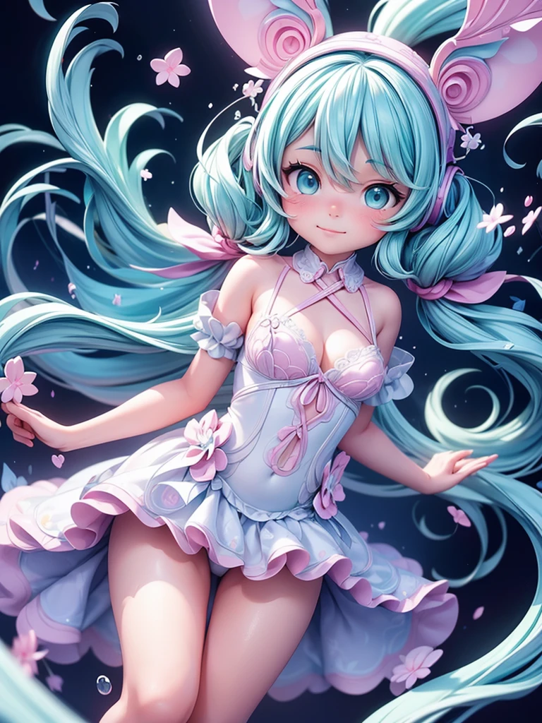 (masterpiece、Highest quality、Highest quality、Official Art、beautiful:1.2、8k resolution)、(One Girl:1.3)､hatsune miku、Twin tails,Big Breasts、F cup breasts,Chubby Beautiful Girl,  White ball gown, Vibrant pastel colors, (colorful), long flowing liquid pink hair, Magic lights, sparkling magic liquid, inspired Glen Keane, inspired By Lois Van Baarle, Disney Art Style, By Lois Van Baarle, An aura that glows around her, Glen Keane, Shining Light、Digital Painting, Flowing shiny hair, Shiny, Flowing Hair, beautifulデジタルイラスト, Fantasia Background, Whimsical Fantasy Background, Intricately detailed lingerie, Highly detailed lingerie, Emphasize cleavage、Sharp focus,  Sparkling eyes, Liquid watercolor background、Chubby body type、Thick legs、