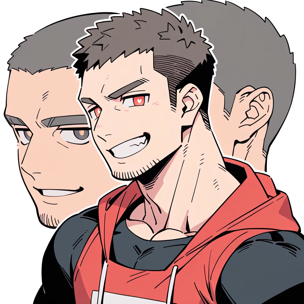anime characters:Priapus, Muscle Sports Student, Buzz Cut, Manliness, male focus, Sports tight hooded sweatshirt, Wear a high-necked tights underneath, Very tight, full and perky chest muscles, muscular male, muscular, only, Upper body, alone, Red short hair, Thick eyebrows, stubble, Brown-red pupils, White background, simple background, amazing quality, best aesthetics, Ridiculous, crew cut, smirk, bright pupils, grin, negative space, negative space, best quality