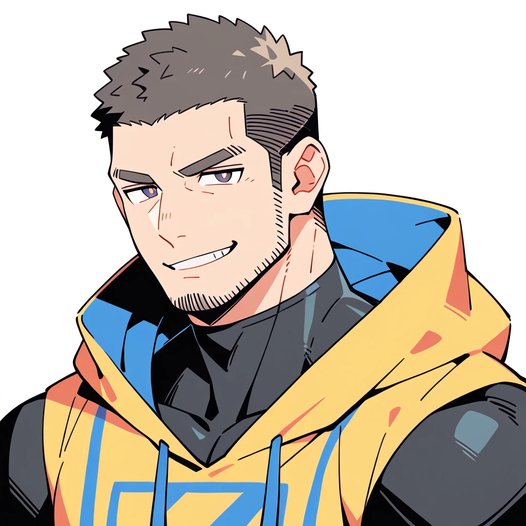 anime characters：Priapus, Muscle Sports Student, Buzz Cut, Manliness, male focus, Sports tight hooded sweatshirt, Wear a high-necked tights underneath, Very tight, full and perky chest muscles, muscular male, muscular, only, Upper body, alone, Red short hair, Thick eyebrows, stubble, Brown-red pupils, White background, simple background, amazing quality, best aesthetics, Ridiculous, crew cut, smirk, bright pupils, grin, negative space, negative space, best quality