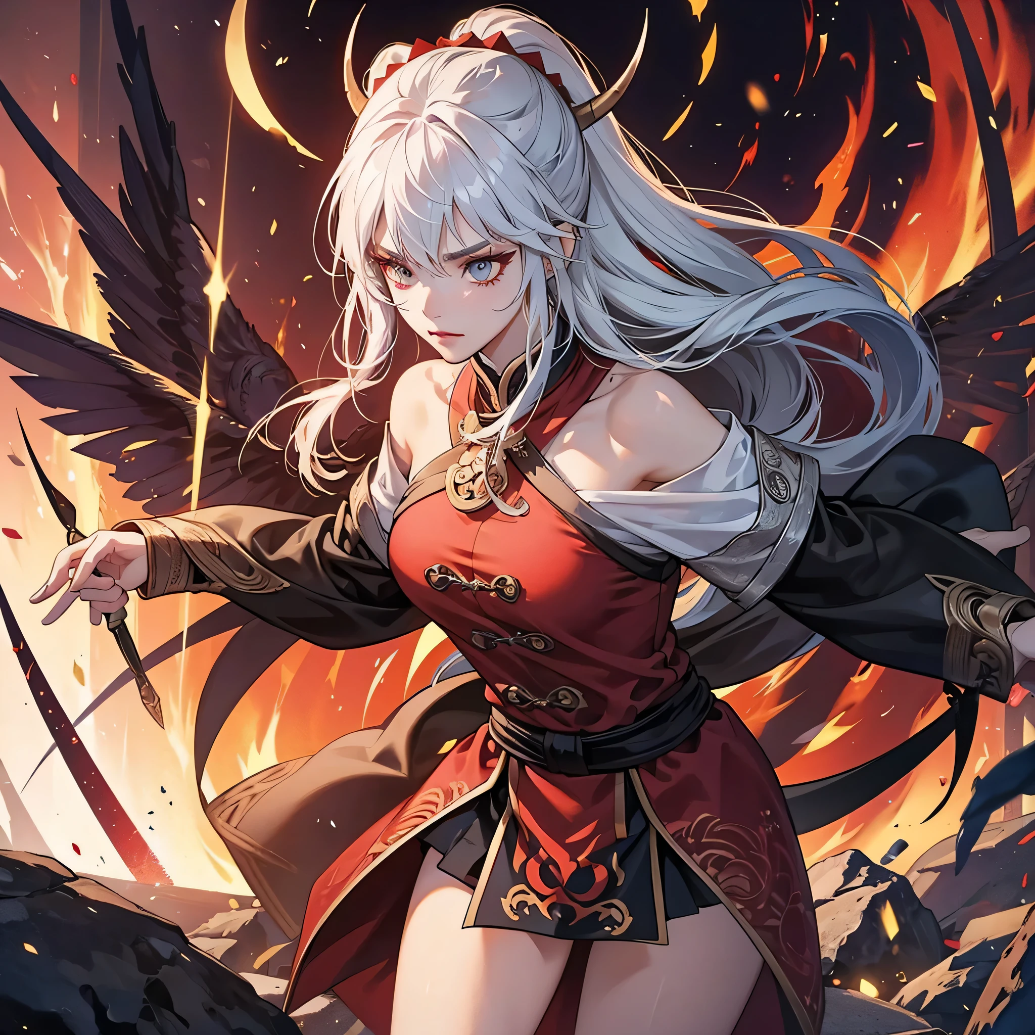 1 beautiful genghis khan lady, tattoo , demon slayer, weapon, 8k, hd, unreal engine,