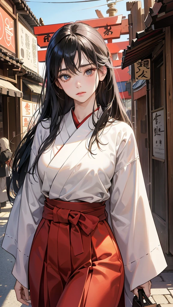 (perfect anatomy:1.2)(absurdres, highres, ultra detailed),masterpiece,best quality,high resolution,8k,Realistic face,Realistic skin texture,magnified textures, stunning clarity,detailed anime girl,(ultra detailed eyes and face),15 years old,black long hair,pale skin,Japanese shrine maiden, mysterious eyes,shrine maiden clothes,(white kimono),(The red long hakama),thin body type,big breasts,,(expressionless:1.2).(bashful:1.2),Steampunk in the Edo Period、(Vivid hieroglyph signs and street advertisements:1.2)、silence、autumn、hieroglyph,souk、Ancient Egyptian statues、Shopping Street,,look at viewer,(from front:1.3),Delicate atmosphere、,cowboy shot,arms down、Looking at the viewer