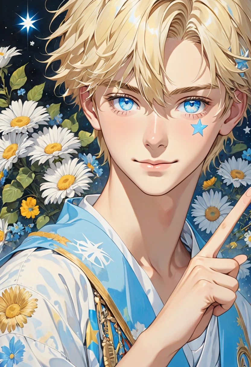 God bless [in full]　A 16-year-old blonde young man with light blue eyes and a white star on his left eye.　Peace sign next to face