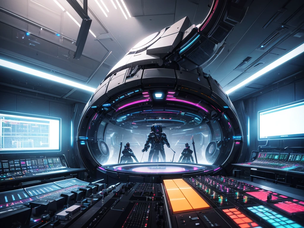 a 3d futuristic music studio, highly detailed, ultra-detailed, cinematic lighting, glossy surfaces, neon accents, advanced audio equipment, electronic synthesizers, mixing consoles, sound waves, volumetric fog, dynamic camera angles, metallic textures, depth of field, photorealistic, 8k, best quality
