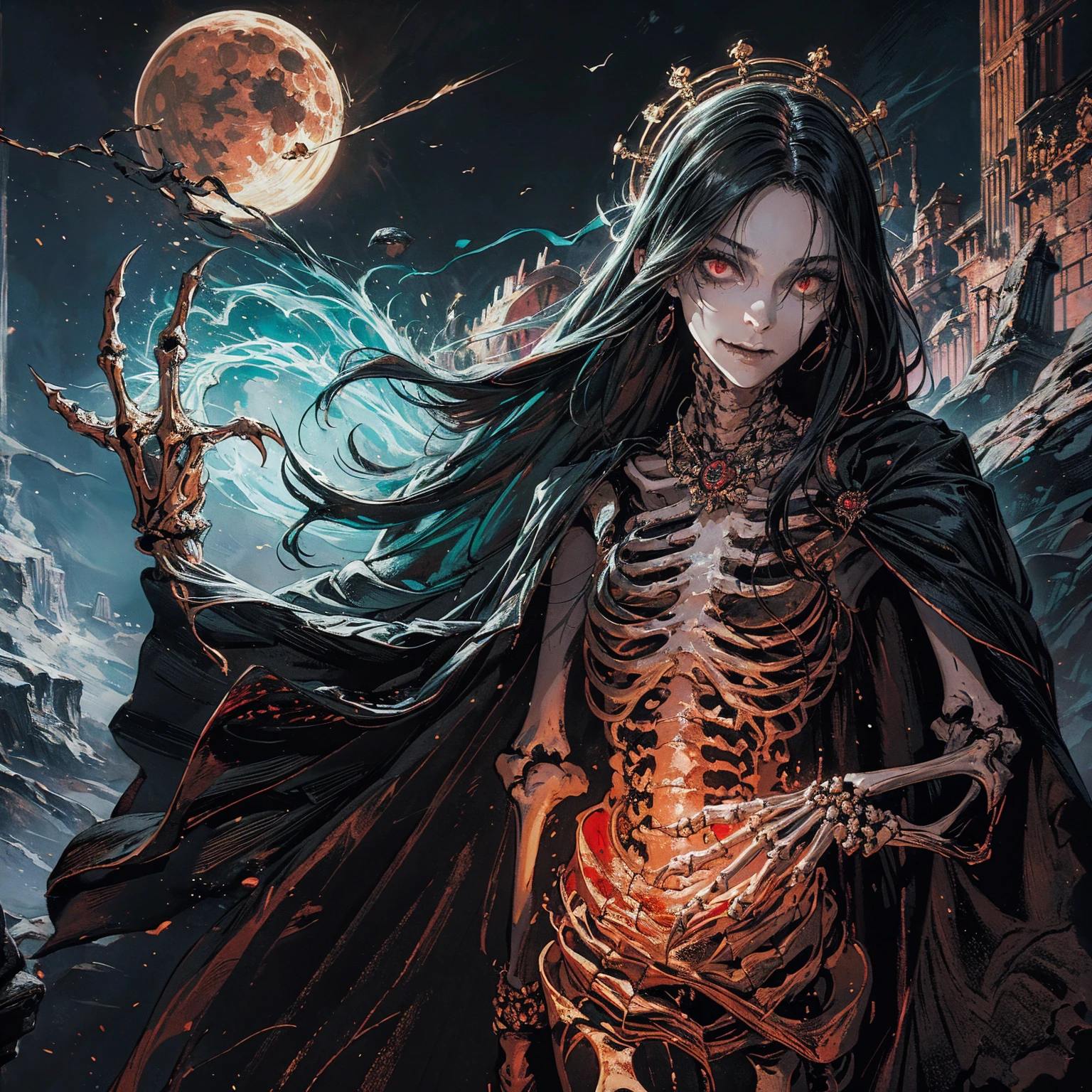 best quality, 4K, high resolution, masterpiece:1.2, Very detailed, actual:1.37, Mood lighting, Female undead lich in a long cape, Half face is normal flesh but another half face is skull, Hand and arm has no flesh but only skeleton bones, Wearing a ragged gothic skirt, Aloofness emotion, Dangerous sneer, Beautiful but cruel smile, Black Hair, Standing, Facing the camera, Crucified, Pitch black sky, Blood-red moon, strange atmosphere, Gothic style, Unforgettable beauty, Dramatic shadows, Ethereal Light, Mysterious atmosphere.