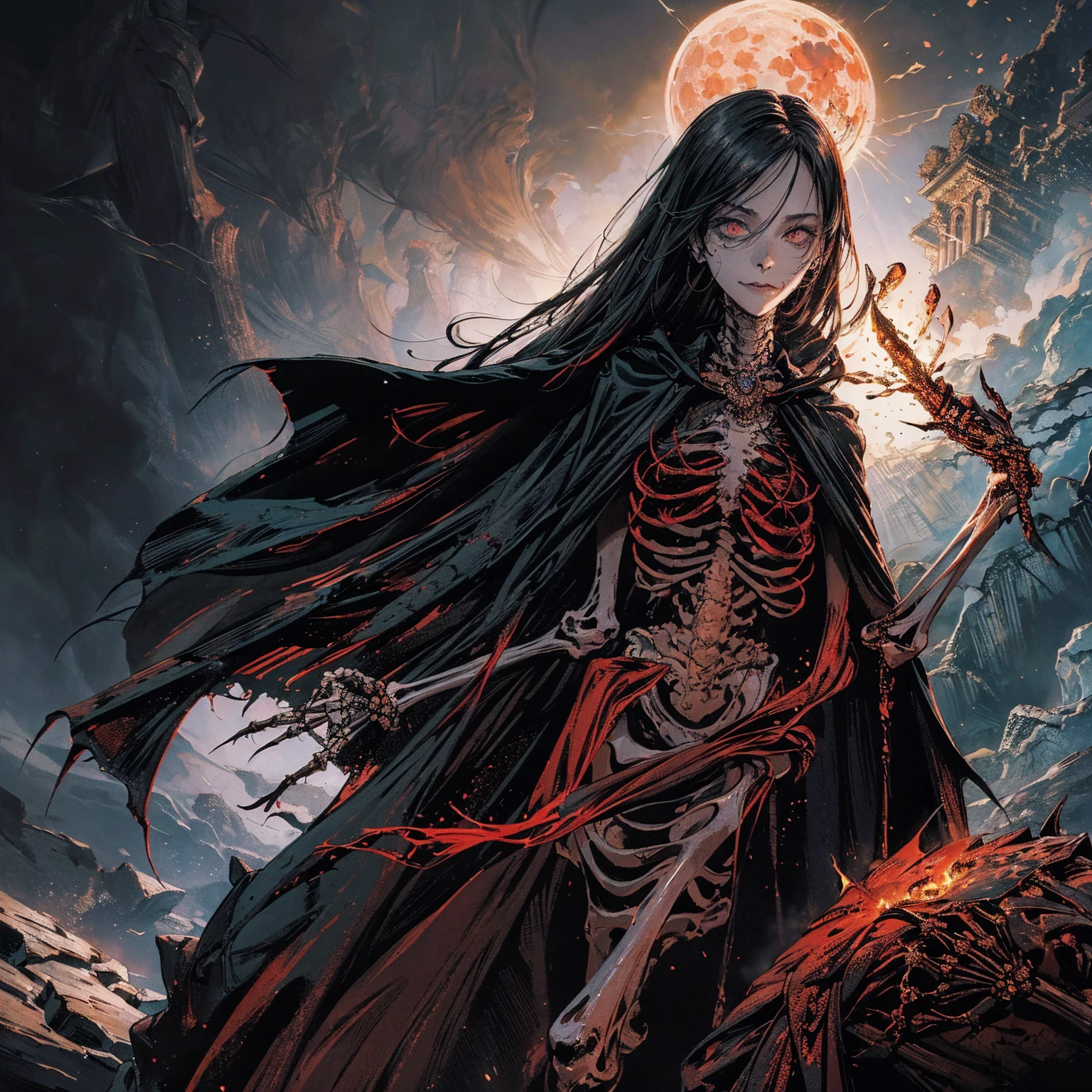 best quality, 4K, high resolution, masterpiece:1.2, Very detailed, actual:1.37, Mood lighting, Female undead lich in a long cape, Half face is normal flesh but another half face is skull, Hand and arm has no flesh but only skeleton bones, Wearing a ragged gothic skirt, Aloofness emotion, Dangerous sneer, Beautiful but cruel smile, Black Hair, Standing, Facing the camera, Crucified, Pitch black sky, Blood-red moon, strange atmosphere, Gothic style, Unforgettable beauty, Dramatic shadows, Ethereal Light, Mysterious atmosphere.