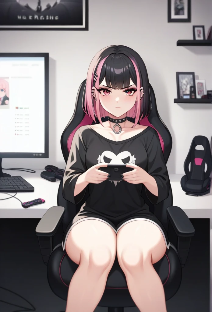 Adult, Female, Black hair, pink hair, goth girl, gothic, goth clothing, goth make up, thick thighs, medium chest, annoyed, disgruntled, sitting in gaming chair, gt racing chair, black and white chair, bedroom, gothic bedroom, aesthetic bedroom, Masterpiece, Accurate, Anatomically Correct, Best Quality, High Details, Detail, Super Detailed, Best detail, Perfect detail, Amazing detail, [-3, 3], perfect hands, best hands, best fingers, perfect fingers, perfect body, best body, amazing body, Looking at viewer, front facing, upper body shot,