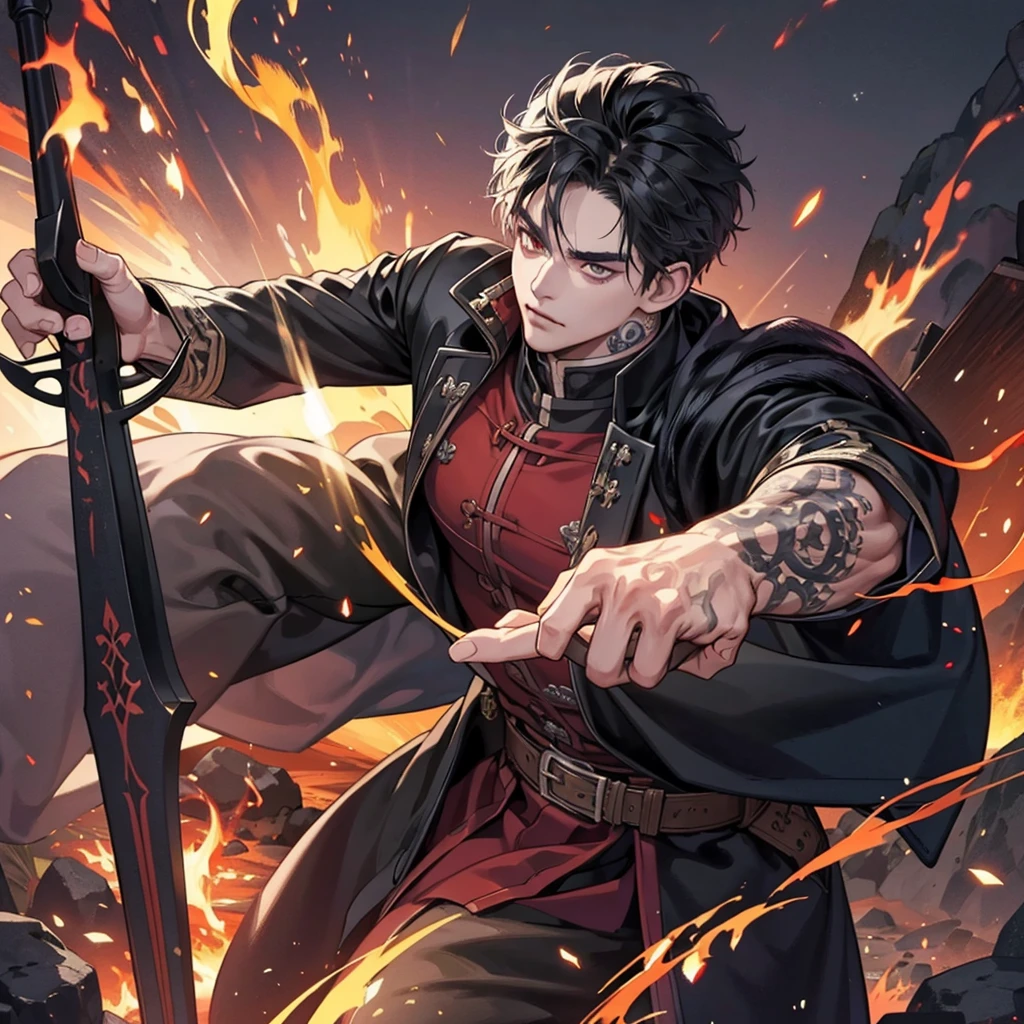 1 handsome demon slayer, weapon, manly, handsome, weapon, tattoo, flame, demon slayer, 8k, hd, unreal engine,
