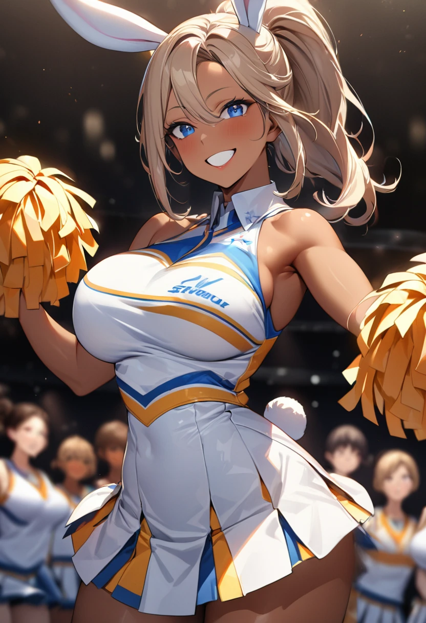 (masterpiece:1.3), (8k、highest quality:1.4), (Best image quality, Intricate details, High resolution, Depth Field, Natural light, Professional Lighting), (1 girl), (alone), (Very beautiful woman、A charming beautiful woman, , Intense blue eye, Strong eye highlights, Very large breasts, Perfect Anatomy, Dynamic Lighting, Lip gloss), A beautiful face with perfect symmetry, Beautiful detailed woman, Very beautiful detailed face, Very beautiful detailed eye, Smile at the audience, Smiling very happily, Beautiful Teeth, Beautiful Teeth alignment, Very detailed, Very detailed, Beautiful Teeth, Beautiful Teeth alignment, Very detailed, Very detailed, ((Detailed cheerleader:1.2)), The light shines on your face, ((Dynamic pose)), Bunny woman, rabbit woman, blue eyes, tan skinned female, tanned, tan skin, long pony tail, light brown hair, Long neck, Show me your ears, Vanish'eye, eyelash, cute, Very large breasts、Very beautiful and big, very beautiful breast shape, Beautiful cleavage, Tall Supermodels, Long-legged supermodel, Supermodel dressed as a cheerleader, Strike a Pose, Dressed as a cheerleader, Woman close up, To the camera, Laughter, (Cheerleader Outfits), ((head band, Sleeveless shirt with open chest, flare skirt, mini skirt)),