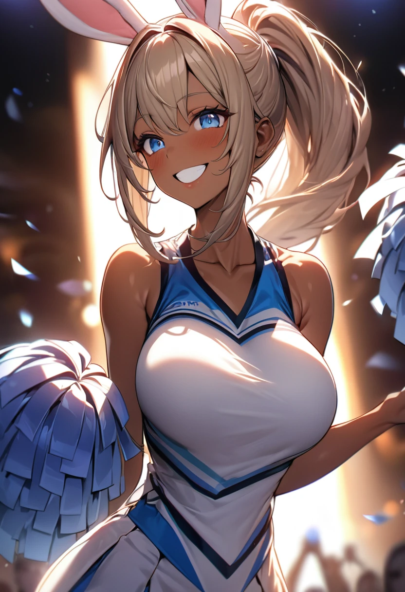 (masterpiece:1.3), (8k、highest quality:1.4), (Best image quality, Intricate details, High resolution, Depth Field, Natural light, Professional Lighting), (1 girl), (alone), (Very beautiful woman、A charming beautiful woman, , Intense blue eye, Strong eye highlights, Very large breasts, Perfect Anatomy, Dynamic Lighting, Lip gloss), A beautiful face with perfect symmetry, Beautiful detailed woman, Very beautiful detailed face, Very beautiful detailed eye, Smile at the audience, Smiling very happily, Beautiful Teeth, Beautiful Teeth alignment, Very detailed, Very detailed, Beautiful Teeth, Beautiful Teeth alignment, Very detailed, Very detailed, ((Detailed cheerleader:1.2)), The light shines on your face, ((Dynamic pose)), Bunny woman, rabbit woman, blue eyes, tan skinned female, tanned, tan skin, long pony tail, light brown hair, Long neck, Show me your ears, Vanish'eye, eyelash, cute, Very large breasts、Very beautiful and big, very beautiful breast shape, Beautiful cleavage, Tall Supermodels, Long-legged supermodel, Supermodel dressed as a cheerleader, Strike a Pose, Dressed as a cheerleader, Woman close up, To the camera, Laughter, (Cheerleader Outfits), ((head band, Sleeveless shirt with open chest, flare skirt, mini skirt)),