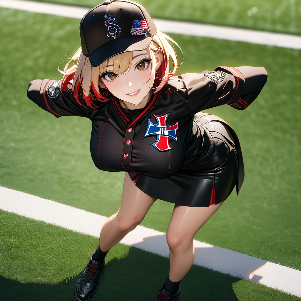 A woman wearing a black baseball uniform, black shirt with a red stripe,iron cross as the logo of the baseball uniform, black skirt, wearing black sports shoes, wearing a black baseball hat, large breasts, standing on the grass of the American football field, smiling, blonde hair, short hair , red bangs, multicolored hair, perfect face, perfect lips, brown eyes..(solo woman) ,UHD , prime work , accurate , anatomically correct , textured skin , super details , high quality , best quality, 8k, high resolution, bokeh effect.