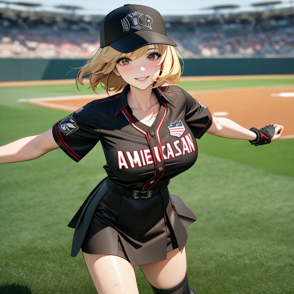 A woman wearing a black baseball uniform, black shirt with a red stripe,iron cross as the logo of the baseball uniform, black skirt, wearing black sports shoes, wearing a black baseball hat, large breasts, standing on the grass of the American football field, smiling, blonde hair, short hair , red bangs, multicolored hair, perfect face, perfect lips, brown eyes..(solo woman) ,UHD , prime work , accurate , anatomically correct , textured skin , super details , high quality , best quality, 8k, high resolution, bokeh effect.