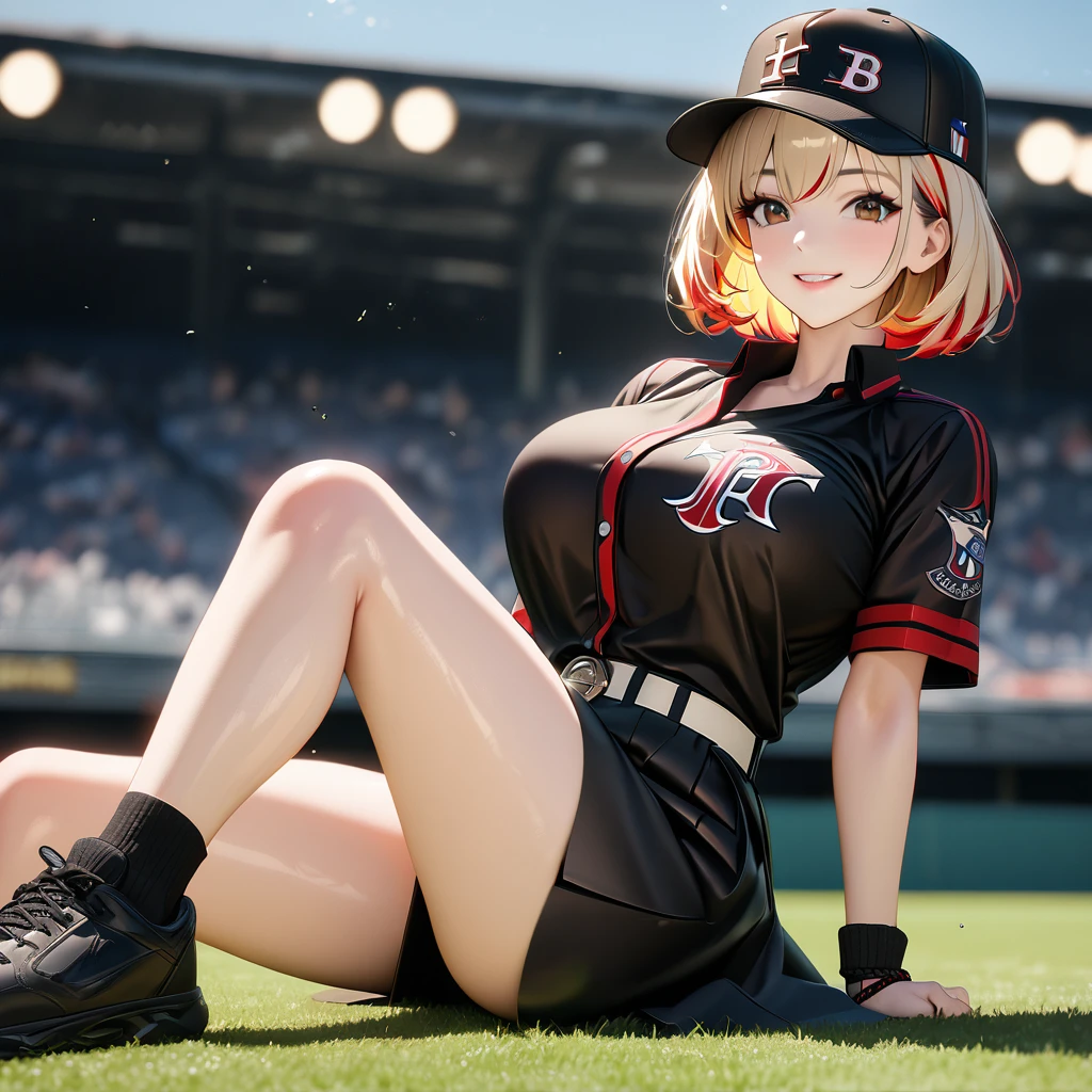A woman wearing a black baseball uniform, black shirt with a red stripe,iron cross as the logo of the baseball uniform, black skirt, wearing black sports shoes, wearing a black baseball hat, large breasts, standing on the grass of the American football field, smiling, blonde hair, short hair , red bangs, multicolored hair, perfect face, perfect lips, brown eyes..(solo woman) ,UHD , prime work , accurate , anatomically correct , textured skin , super details , high quality , best quality, 8k, high resolution, bokeh effect.