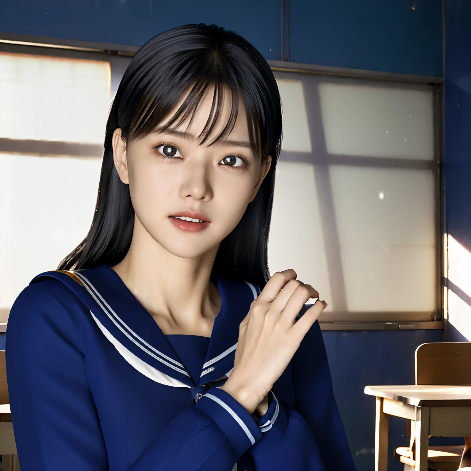 
lens: 135mm f1.8, (Highest quality),(RAW Photos), (Tabletop:1.1), (Beautiful  Japanese girl), Cute Face, (Deeply chiseled face:0.7), (freckles:0.4), Spotted sunlight, Dramatic lighting, (Sailor suit), dark blue, Long sleeve, (In the classroom), shy, (Close-up shot:1.2), (Anxious expression、Are crying)、cold sweat、（Grimacing、Frowning）、