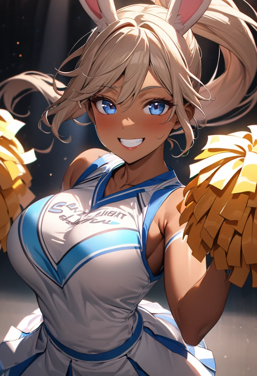 (masterpiece:1.3), (8k、highest quality:1.4), (Best image quality, Intricate details, High resolution, Depth Field, Natural light, Professional Lighting), (1 girl), (alone), (Very beautiful woman、A charming beautiful woman, , Intense blue eye, Strong eye highlights, Very large breasts, Perfect Anatomy, Dynamic Lighting, Lip gloss), A beautiful face with perfect symmetry, Beautiful detailed woman, Very beautiful detailed face, Very beautiful detailed eye, Smile at the audience, Smiling very happily, Beautiful Teeth, Beautiful Teeth alignment, Very detailed, Very detailed, Beautiful Teeth, Beautiful Teeth alignment, Very detailed, Very detailed, ((Detailed cheerleader:1.2)), The light shines on your face, ((Dynamic pose)), Bunny woman, rabbit woman, blue eyes, tan skinned female, tanned, tan skin, long pony tail, light brown hair, Long neck, Show me your ears, Vanish&#39;eye, eyelash, cute, Very large breasts、Very beautiful and big, very beautiful breast shape, Beautiful cleavage, Tall Supermodels, Long-legged supermodel, Supermodel dressed as a cheerleader, Strike a Pose, Dressed as a cheerleader, Woman close up, To the camera, Laughter, (Cheerleader Outfits), ((head band, Sleeveless shirt with open chest, flare skirt, mini skirt)), 