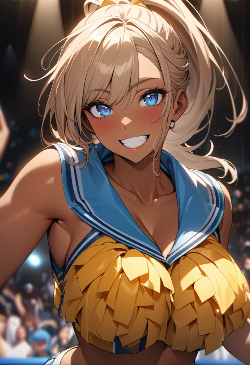 (masterpiece:1.3), (8k、highest quality:1.4), (Best image quality, Intricate details, High resolution, Depth Field, Natural light, Professional Lighting), (1 girl), (alone), (Very beautiful woman、A charming beautiful woman, , Intense blue eye, Strong eye highlights, Very large breasts, Perfect Anatomy, Dynamic Lighting, Lip gloss), A beautiful face with perfect symmetry, Beautiful detailed woman, Very beautiful detailed face, Very beautiful detailed eye, Smile at the audience, Smiling very happily, Beautiful Teeth, Beautiful Teeth alignment, Very detailed, Very detailed, Beautiful Teeth, Beautiful Teeth alignment, Very detailed, Very detailed, ((Detailed cheerleader:1.2)), The light shines on your face, ((Dynamic pose)), Bunny woman, rabbit woman, blue eyes, tan skinned female, tanned, tan skin, long pony tail, light brown hair, Long neck, Show me your ears, Vanish&#39;eye, eyelash, cute, Very large breasts、Very beautiful and big, very beautiful breast shape, Beautiful cleavage, Tall Supermodels, Long-legged supermodel, Supermodel dressed as a cheerleader, Strike a Pose, Dressed as a cheerleader, Woman close up, To the camera, Laughter, (Cheerleader Outfits), ((head band, Sleeveless shirt with open chest, flare skirt, mini skirt)), 