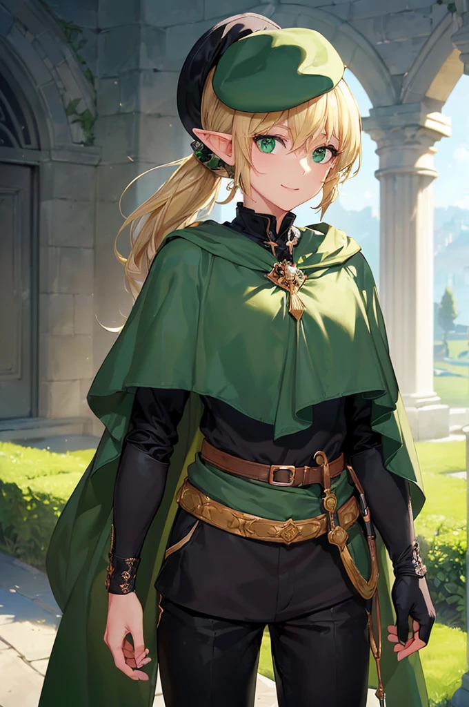 (((masterpiece; best quality: 1.2))), (finely detailed eyes: 1.3), (25 year old elf man), (solo), (green eyes: 1.4), (body; toned, fit, masculine: 1.3), (silky blonde hair in low ponytail: 1.3), (beautiful and clear background: 1.2), ((depth of field)), (equipment: adventurer garb + modest + elegant wide-brim hat + dark tunic + dark long cape + black pants + gloves + belt + pouches: 1.3), (anime illustration: 1.2), (background composition; royal garden: 1.1), (extremely fine and handsome: 1.1), (shot composition; standing + centered on torso + close-up: 1.5), (expression; calm, smile: 1.2)