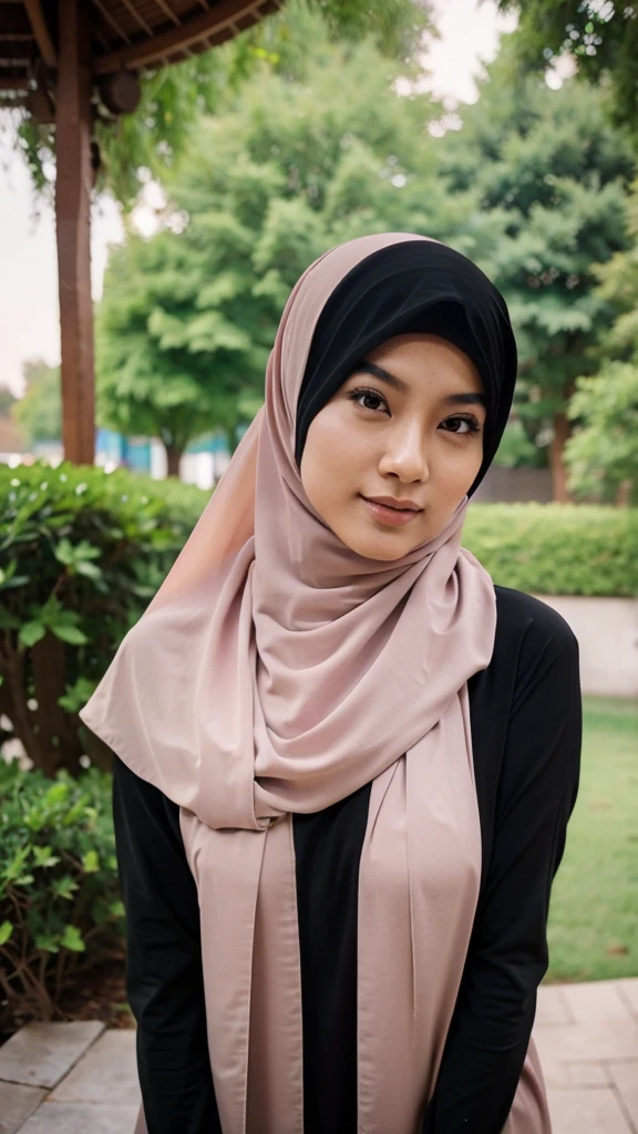 A beautiful Asian girl in a long hijab with tight and clearly visible breasts, In tight black clothes, He was hugging himself sideways, and good quality images