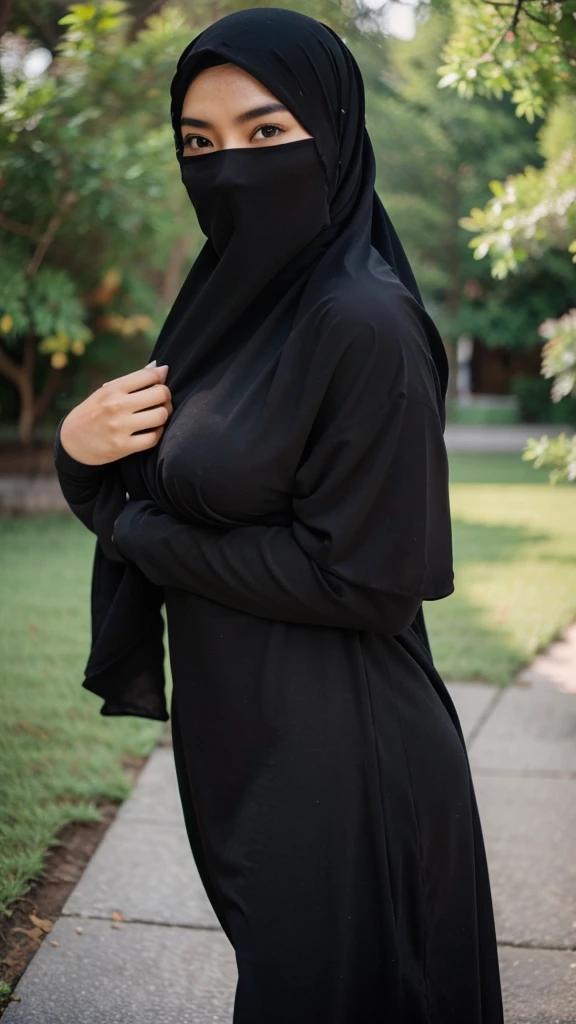 A beautiful Asian girl in a long hijab with tight and clearly visible breasts, In tight black clothes, He was hugging himself sideways, and good quality images
