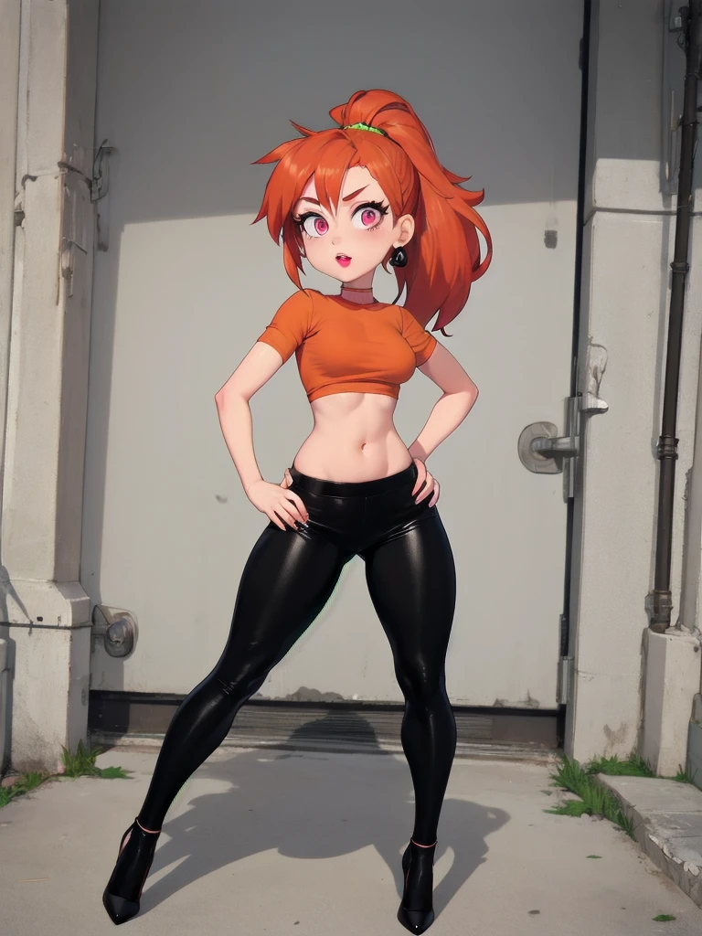  wide hips, thighs, Vicky, ponytail, lipstick, midriff, 1girl, green crop top, pink eyes, black pants, orange hair ,solo girl, sitting, open legs high heels