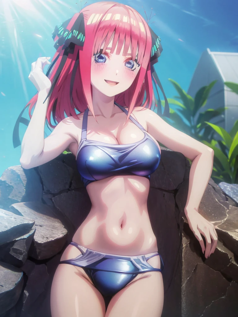 Highest quality, A very exquisite masterpiece, Anime art style, Cute Characters, nakano nino, Swimwear, Large Breasts, blush, Smiling and Gaze, High resolution, accurate, masterpiece, Highest quality, Large Breasts, 