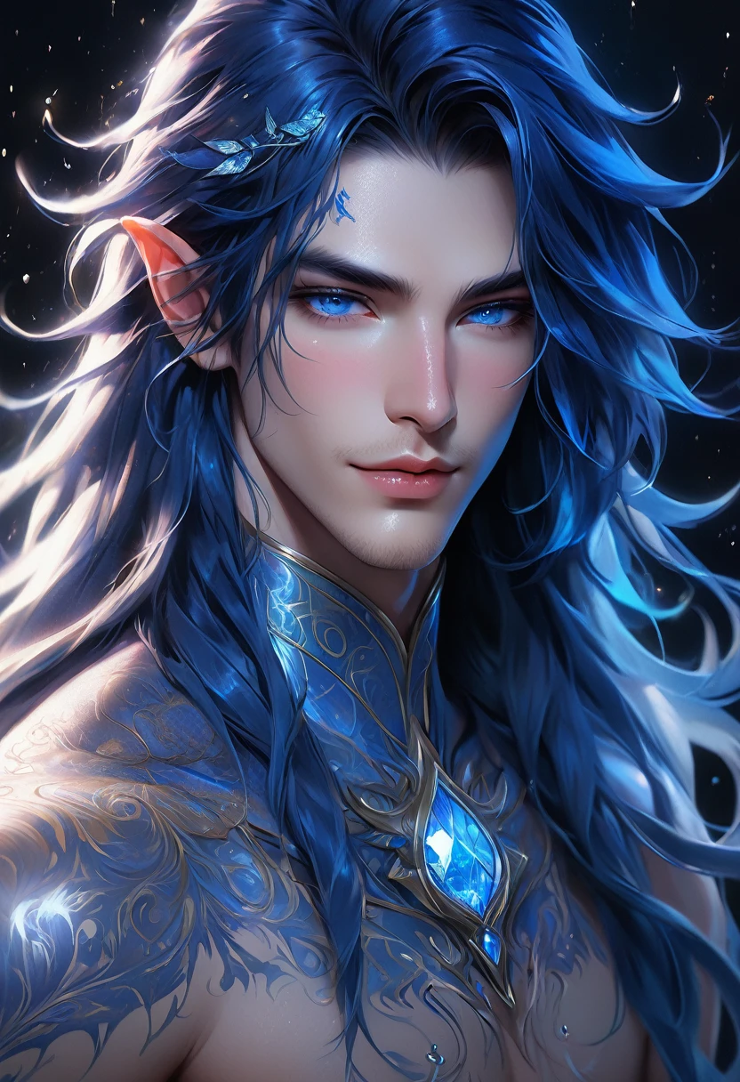 full ariel view of a ethereal demonic 25 year old anime guy male druid, with metallic foil print royal blue long hair, moist wet glistening lips, delicate masterpieceintimate delicate etched glowing rune tattoos, winking, beautiful gorgeous elf ((male)) kissyface, perfect face, blue/black pastel eyes, long royal blue wisp hair, freckles, piercings, foil print neonbody art, laboratory experiment, perfect anatomy, centered, almost perfect, dynamic, very detailed, glowing, artstation, concept art, soft and sharp focus, art by Carne Griffiths and Wadim Kashin, high-definition accent lighting, epic, elven atmosphere, contrasted with vibrant paint colors., futuristic cyborg in the year 2950,