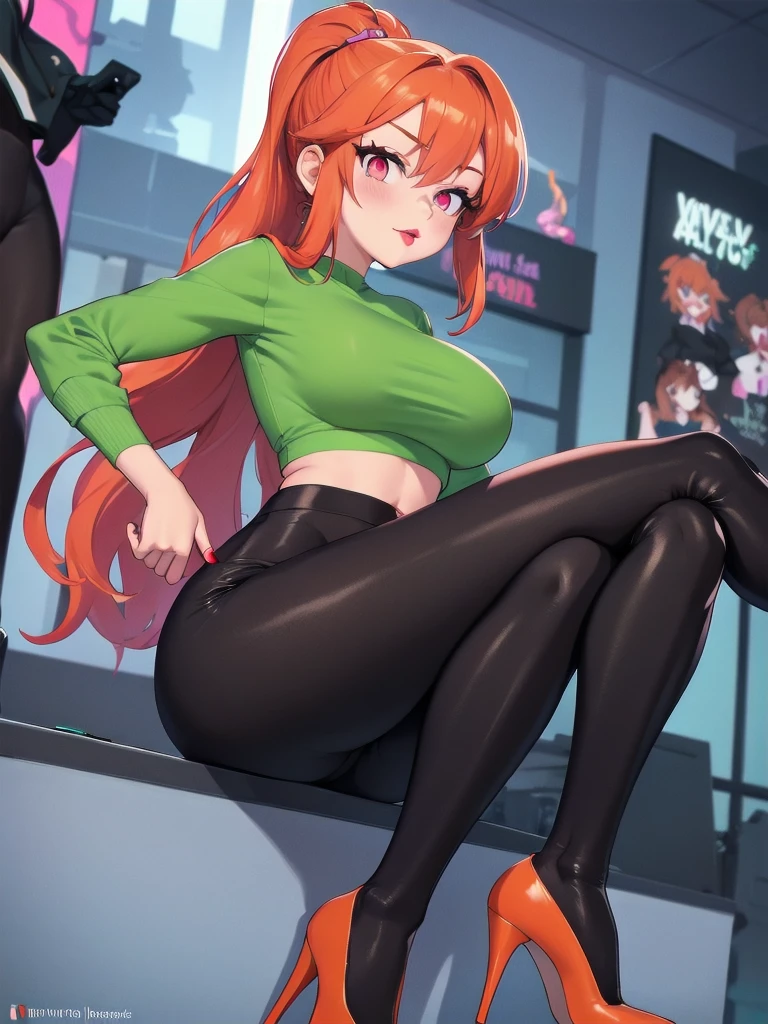  wide hips, thighs, Vicky, ponytail, lipstick, midriff, 1girl, green crop top, pink eyes, black pants, orange hair ,solo girl, sitting, crossing legs high heels