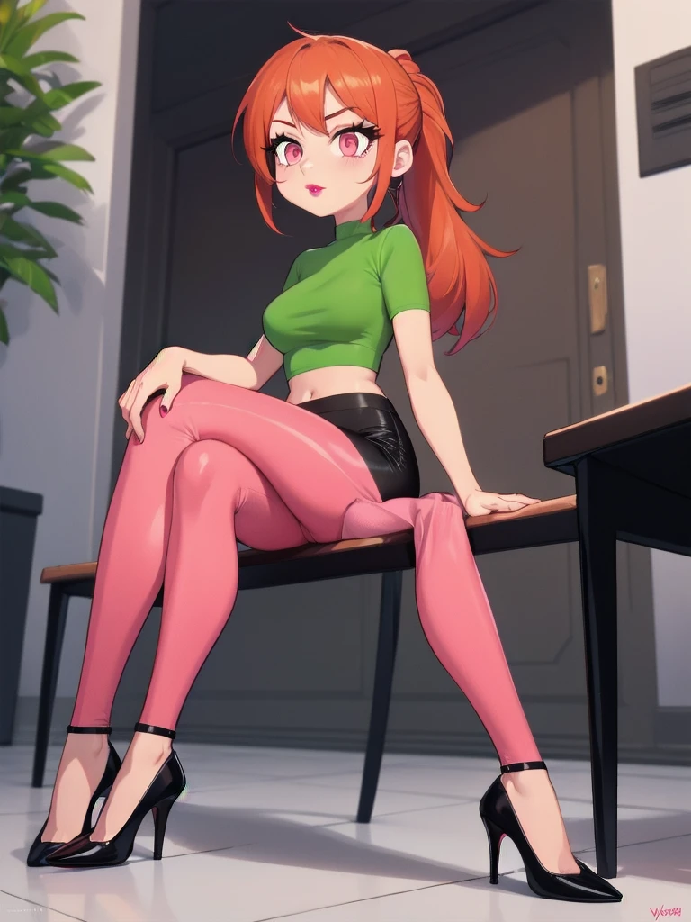  wide hips, thighs, Vicky, ponytail, lipstick, midriff, 1girl, green crop top, pink eyes, black pants, orange hair ,solo girl, sitting, crossing legs high heels