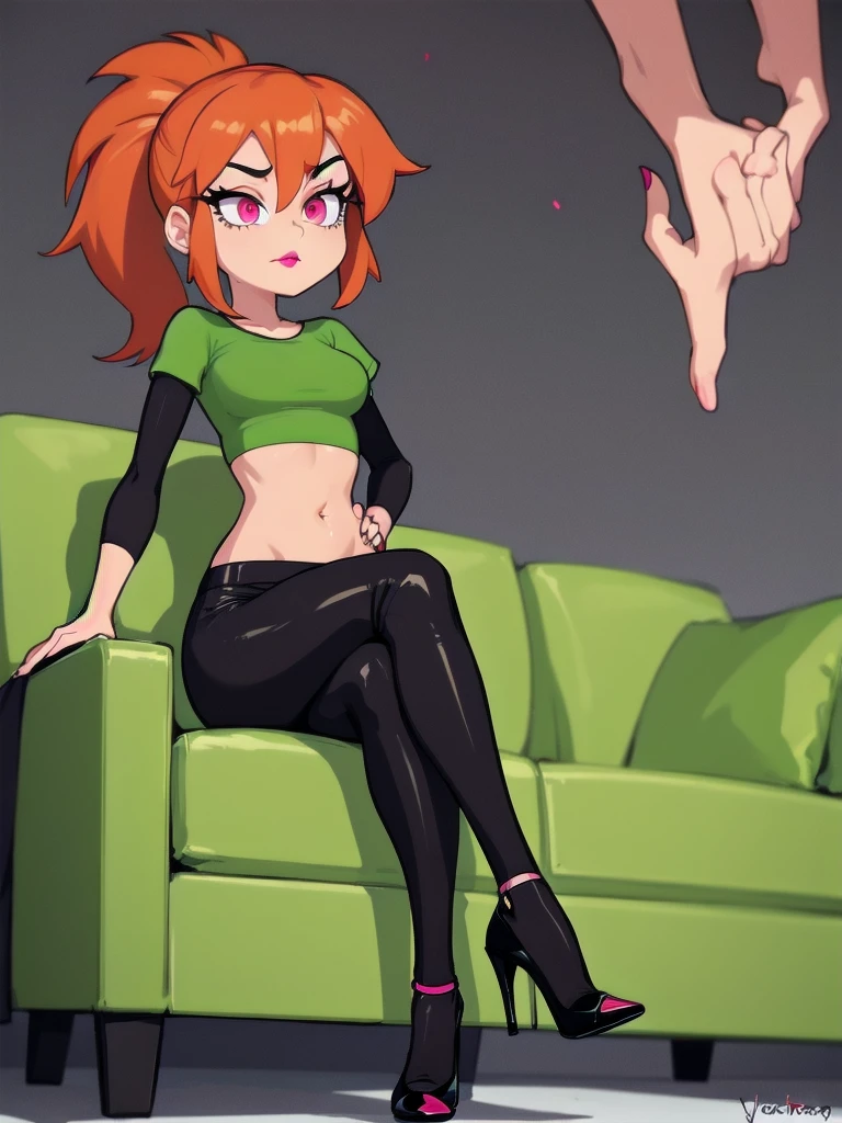  wide hips, thighs, Vicky, ponytail, lipstick, midriff, 1girl, green crop top, pink eyes, black pants, orange hair ,solo girl, sitting, crossing legs high heels